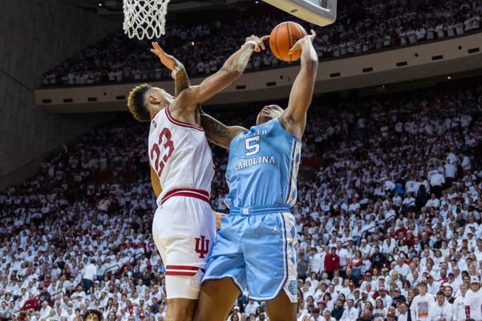 Indiana Hoosiers forward Trayce Jackson-Davis (23) blocks the shot of North Carolina Tar Heels forward Armando Bacot (5) in the second half at Simon Skjodt Assembly Hall.